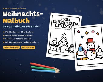 Kerstkleurboek voor kinderen om te printen | 30 kerstkleurplaten met dikke lijnen | Leeftijd 3-8, kleuterschool en basisschool | PDF Duits