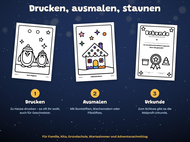 May include: Three printable coloring pages featuring two penguins, a gingerbread house, and a certificate with the text "Urkunde". The layout includes instructions labeled 1, 2, and 3 with the German text "Drucken, ausmalen, staunen" at the top.