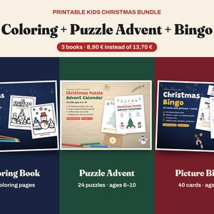 Könnte beinhalten: Ein druckbares Weihnachts-Set bestehend aus drei Büchern: einem Malbuch mit 30 Seiten, einem Puzzle-Adventskalender mit 24 Rätseln für 6- bis 10-Jährige und einem Bilder-Bingo mit 40 Karten für Kinder ab 3 Jahren mit weihnachtlichen Motiven.
