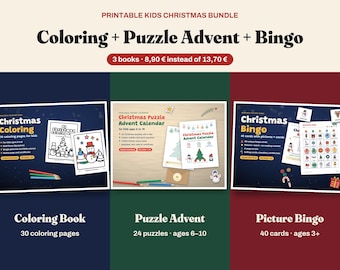 Kids Christmas Activity Bundle, Coloring Pages, Advent Calendar Puzzles and Picture Bingo, Ages 3-10, Classroom Printable PDF