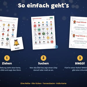 Puede incluir: Un juego de bingo navide&ntilde;o que incluye tres hojas blancas con iconos festivos coloridos, una tarjeta de llamada con una campana e instrucciones numeradas 1, 2 y 3. El texto incluye So einfach geht's, Ziehen, Suchen, BINGO! y t&eacute;rminos de juego.