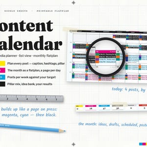 Peut inclure: Un modèle de calendrier de contenu pour Excel et Google Sheets avec un plan mensuel, une loupe sur une grille, une règle et un crayon bleu. Le texte inclut Content Calendar, Idea, Drafted, Scheduled, Posted et today: 4 posts, by time.