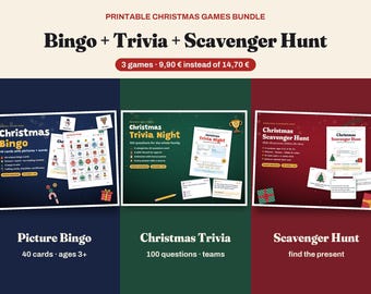 Christmas Games Bundle Printable, Picture Bingo, Trivia and Scavenger Hunt, Family Christmas Party Games for Kids & Adults, PDF