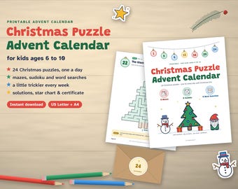 Printbare adventskalenderpuzzels voor kinderen | 24 kerstpuzzels: doolhoven, sudoku, woordzoekers | Leeftijd 6-10 | Kerstcountdown PDF