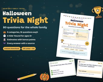 Halloween Trivia Game for Families Printable | 80 Halloween Trivia Questions with Answers | Party Game for Kids & Adults | PDF