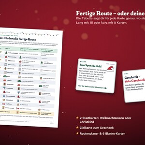 May include: A Christmas scavenger hunt game set featuring a printed instruction sheet with a route planner table, a start card with a Santa hat icon, a finish card with a gift box icon, and a green and red gift-wrapped card.