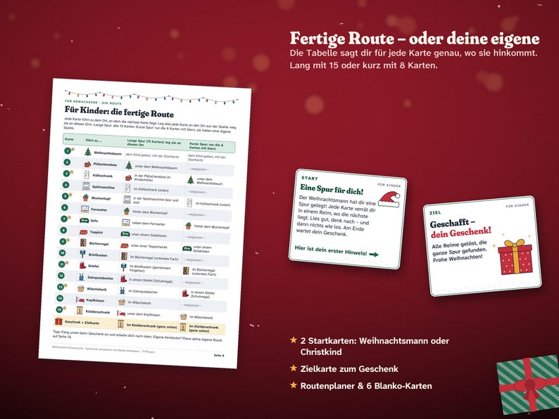 May include: A Christmas scavenger hunt game set featuring a printed instruction sheet with a route planner table, a start card with a Santa hat icon, a finish card with a gift box icon, and a green and red gift-wrapped card.