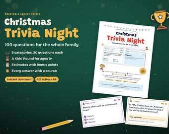 Printbaar kerstquizspel voor het hele gezin | 100 kerstquizvragen met antwoorden | Feestspel voor kinderen en volwassenen | PDF