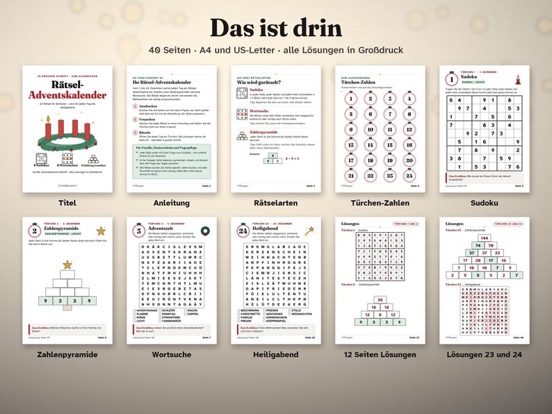 以下が含まれることがあります： アドベントカレンダーをテーマにした「Das ist drin」というタイトルの印刷可能なパズルページ10枚セット。説明書、数独、ワードサーチ、数字ピラミッド、番号付きの円が含まれており、解答は大きな文字で記載されています。