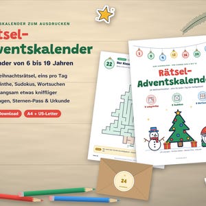 Printable Advent Calendar Puzzles for Kids | 24 Christmas Puzzles: Maze, Sudoku, Word Search | Ages 6–10 | Instant PDF Download image 1