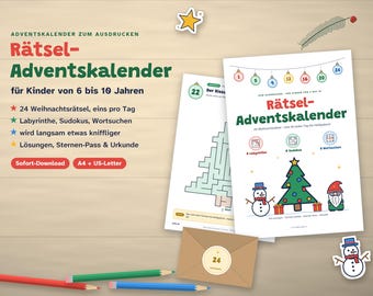 Printbare adventskalenderpuzzels voor kinderen | 24 kerstpuzzels: doolhof, sudoku, woordzoeker | Leeftijd 6-10 | Direct te downloaden als pdf
