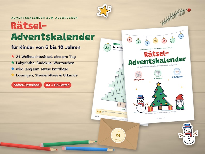 Printable Advent Calendar Puzzles for Kids | 24 Christmas Puzzles: Maze, Sudoku, Word Search | Ages 6–10 | Instant PDF Download image 1