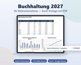 Excel-sjabloon voor de boekhouding van kleine bedrijven 2027 | Overzicht van inkomsten en uitgaven | Artikel 19 van de Duitse btw-wet | Bijverdienste als freelancer op Etsy | Duitse download