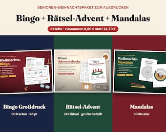 Senioren Weihnachtspaket Großdruck | Bingo, Rätsel-Adventskalender und Mandalas zum Ausdrucken | Seniorenheim & Betreuung | PDF deutsch