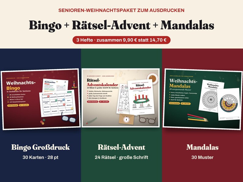 Senioren Weihnachtspaket Großdruck | Bingo, Rätsel-Adventskalender und Mandalas zum Ausdrucken | Seniorenheim & Betreuung | PDF deutsch image 1