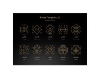 Solfeggio Frequenzen Poster, Zehn Frequenzen und ihre Bedeutung, Chladni Figuren Gold auf Schwarz, Meditation Wandbild, Yoga Raum Deko