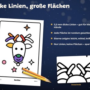 May include: A coloring page featuring a reindeer head with thick black outlines, colorful antlers, and stars. Text includes 'Dicke Linien, gro&szlig;e Fl&auml;chen', 'Rentier', 'Seite 11', and 'Ausschnitt'. Two yellow pencils lie across the bottom of the page.
