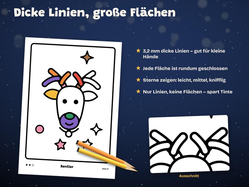May include: A coloring page featuring a reindeer head with thick black outlines, colorful antlers, and stars. Text includes 'Dicke Linien, gro&szlig;e Fl&auml;chen', 'Rentier', 'Seite 11', and 'Ausschnitt'. Two yellow pencils lie across the bottom of the page.