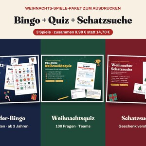 Printable Christmas Games Pack | Bingo, Christmas Quiz and Treasure Hunt | Family Games for Advent & Christmas Eve | German PDF image 1