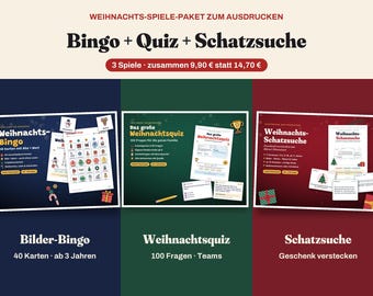 Weihnachtsspiele Paket zum Ausdrucken | Bingo, Weihnachtsquiz und Schatzsuche | Familienspiele für Advent & Heiligabend | PDF deutsch