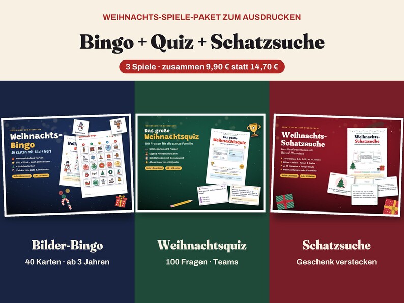 Printable Christmas Games Pack | Bingo, Christmas Quiz and Treasure Hunt | Family Games for Advent & Christmas Eve | German PDF image 1