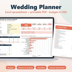 Könnte beinhalten: Ein digitaler Hochzeitsplaner auf einem Laptop-Bildschirm und eine ausdruckbare 12-Monats-Checkliste. Der Bildschirm zeigt eine Excel-Tabelle mit Budget-, Gäste- und Mahlzeitendaten. Der Text umfasst Wedding Planner, Excel spreadsheet + printable PDF, budget in USD und 12-Month Checklist.