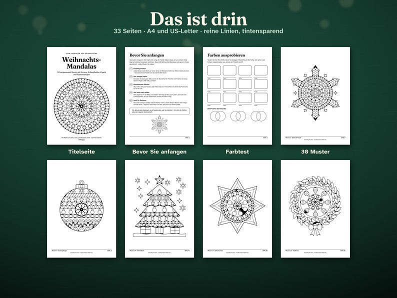 Może przedstawiać: Cyfrowy zestaw kolorowanek zatytułowany "Weihnachts-Mandalas" zawierający 33 strony w formatach A4 i US-Letter. Kolekcja zawiera stronę tytułową, stronę z instrukcjami, arkusz do testowania kolor&oacute;w oraz r&oacute;żne czarno-białe wzory mandali.