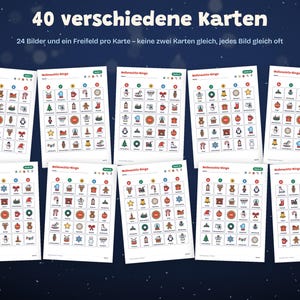 Puede incluir: Un conjunto de diez tarjetas de bingo imprimibles con iconos de tem&aacute;tica navide&ntilde;a dispuestos en una cuadr&iacute;cula. El texto en la parte superior dice 40 verschiedene Karten, 24 Bilder und ein Freifeld pro Karte &ndash; keine zwei Karten gleich, jedes Bild gleich oft.