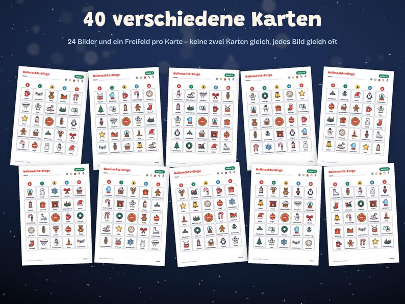 Puede incluir: Un conjunto de diez tarjetas de bingo imprimibles con iconos de tem&aacute;tica navide&ntilde;a dispuestos en una cuadr&iacute;cula. El texto en la parte superior dice 40 verschiedene Karten, 24 Bilder und ein Freifeld pro Karte &ndash; keine zwei Karten gleich, jedes Bild gleich oft.