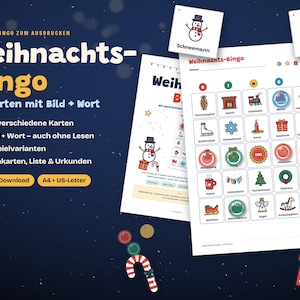 Puede incluir: Un juego de bingo navide&ntilde;o imprimible con 40 tarjetas que incluyen ilustraciones festivas y texto en alem&aacute;n. El conjunto incluye un tablero de bingo con una cuadr&iacute;cula de 5x5, tarjetas individuales con un mu&ntilde;eco de nieve y un reno, y un regalo.