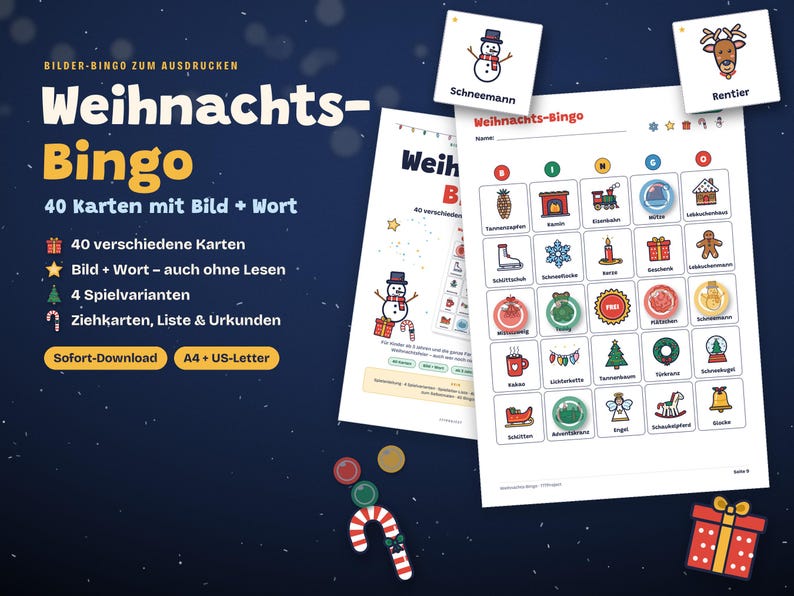 Puede incluir: Un juego de bingo navide&ntilde;o imprimible con 40 tarjetas que incluyen ilustraciones festivas y texto en alem&aacute;n. El conjunto incluye un tablero de bingo con una cuadr&iacute;cula de 5x5, tarjetas individuales con un mu&ntilde;eco de nieve y un reno, y un regalo.
