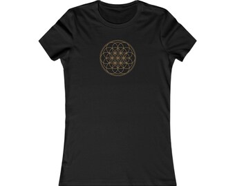 Blume des Lebens Damen T-Shirt tailliert, Heilige Geometrie Shirt Gold auf Schwarz, Yoga Shirt Damen, Spirituelles Geschenk für Sie