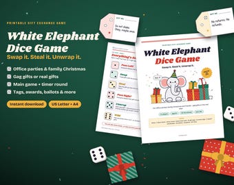 Printbaar White Elephant-spel, dobbelspel voor cadeautjesruil, Yankee Swap-regels, kerstfeestspel voor op kantoor, direct te downloaden.