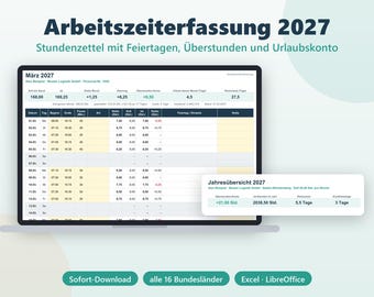 Tijdregistratie 2027 Excel | Urenoverzicht met feestdagen, overuren en vakantiesaldo | Minijob, parttime, zelfstandigen | Downloaden