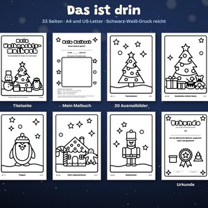 May include: A digital Christmas coloring book set featuring 33 pages in black and white line art. The pages include a title page, a personal information page, a Christmas tree, gifts, a penguin, a gingerbread house, and a nutcracker.