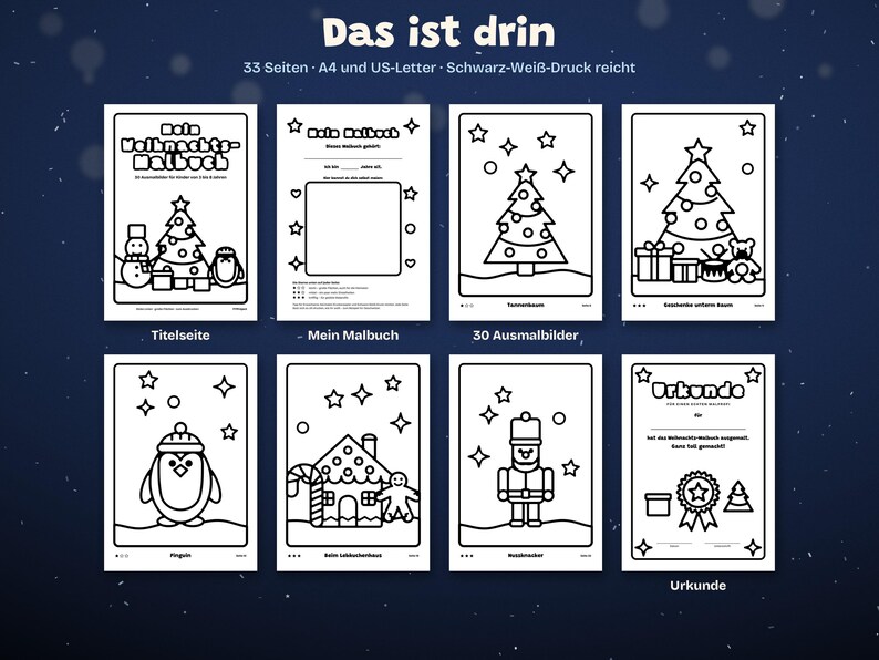 May include: A digital Christmas coloring book set featuring 33 pages in black and white line art. The pages include a title page, a personal information page, a Christmas tree, gifts, a penguin, a gingerbread house, and a nutcracker.