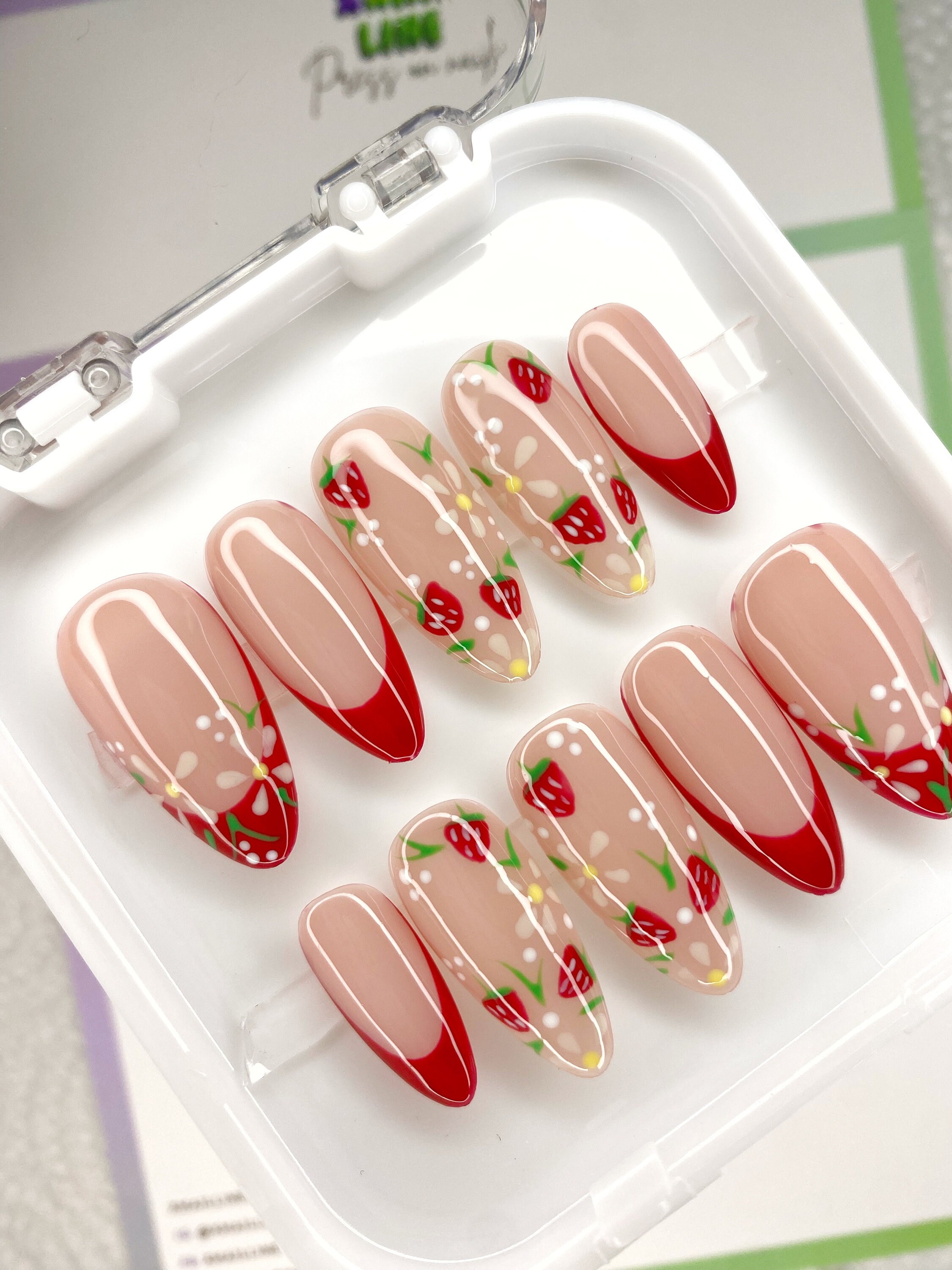 Strawberry Daisy Press on Nails: Red French Tip Luxury Gel Nails