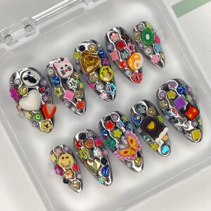 Y2K Press On Nails: Chrome Silver, Charms & Crystals, Luxury Gel Nails