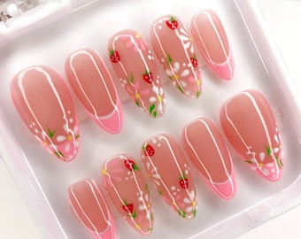 Spring nail design flowers daisies & strawberries with pink French tips press on nails | Luxury gel nails | Salon Quality