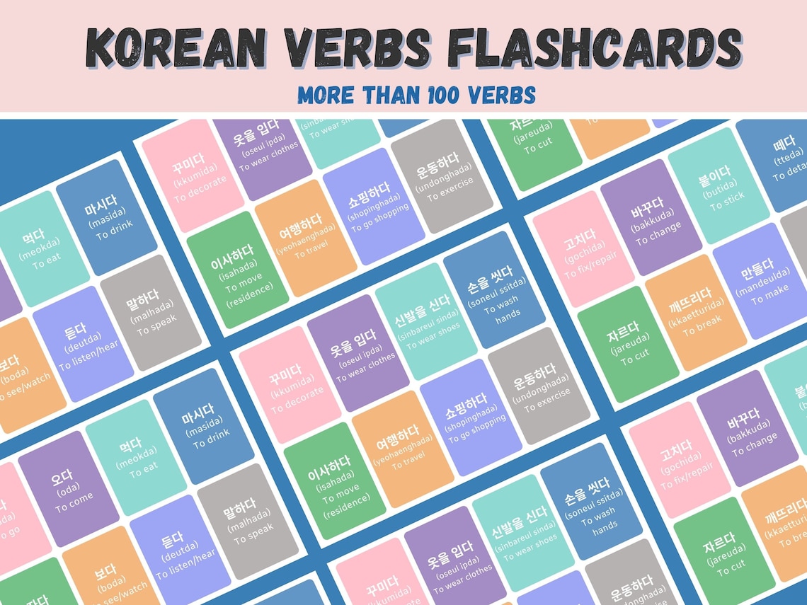 KOREAN Verbs Flashcards 100 Korean Verbs Flashcards Etsy