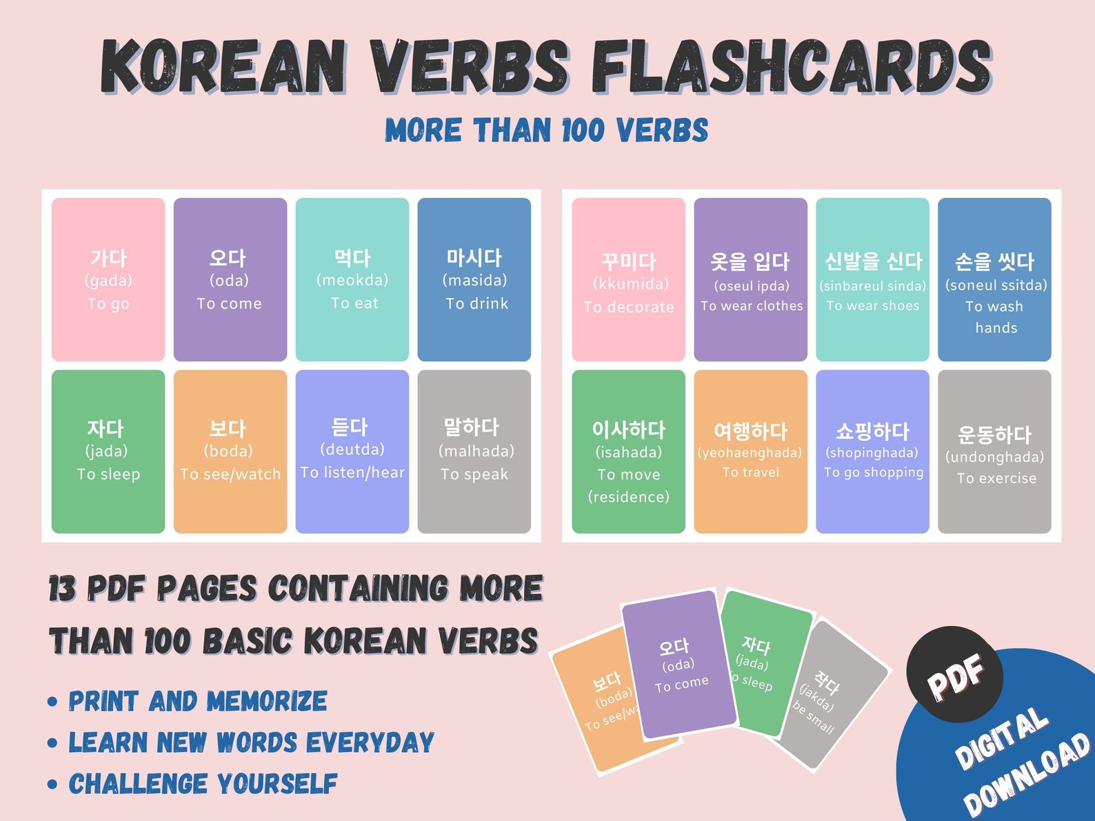 KOREAN Verbs Flashcards 100 Korean Verbs Flashcards Etsy