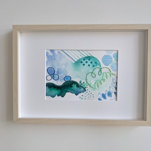 Acque profonde - Nuovo piccolo acquerello originale e ricamo, pittura astratta, acquerello Mix Media, acquerello di opere d'arte originali fatte a mano