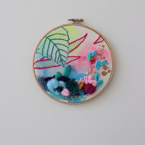 Hay-fever- Handmade original embroidery art, abstract embroidery, Textile art, Colourful handmade embroidery artwork, Abstract fiber art