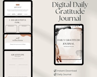 Puede incluir: Diario de gratitud diario digital con un fondo de acuarela. El diario incluye indicaciones para la autorreflexión, la gratitud y las metas de la vida. El texto de la portada dice "Diario de gratitud diario" y "Las cosas buenas toman tiempo para crecer".