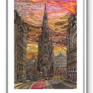 Edinburgh Prints, Scotland Art, The Scott Monument, Edinburgh Cityscape, Princes Street, Wall Art, Travel Gift, Original Drawing