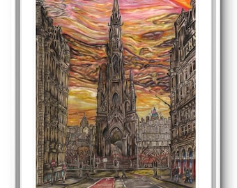 Edinburgh Prints, Scotland Art, The Scott Monument, Edinburgh Cityscape, Princes Street, Wall Art, Travel Gift, Original Drawing