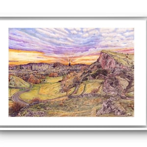 Edinburgh Print, Scotland Art, Arthur&#39;s Seat, Salsbury Crags, Edinburgh Cityscape, Wall Art, Travel Gift, Original Drawing