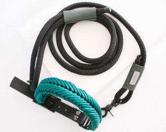 Teal Green Dog Collar and Leash Set: Braided Paracord, Leather Accents