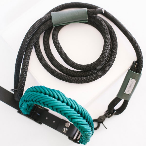 Matching dog collar and leash in Teal Green for large and medium pups – durable rope lead and collar set perfect for adventures