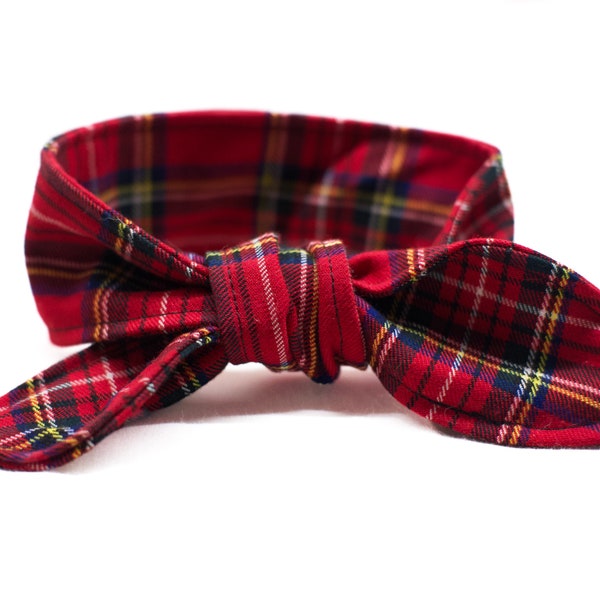 Red tartan dog bandana in bow style, elegant bow tie perfect birthday accessory, Scottish tartan tie on pet bandana